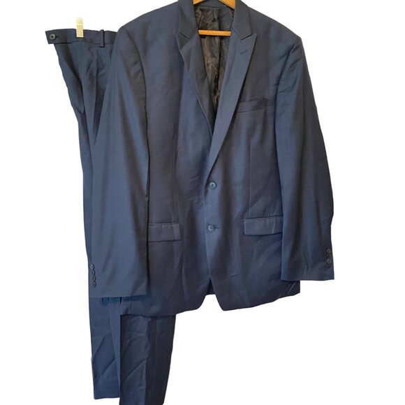 Men's Calvin Klein Navy Blue 2 Piece Suit Set 100% Wool Coat 44/ Pants 40